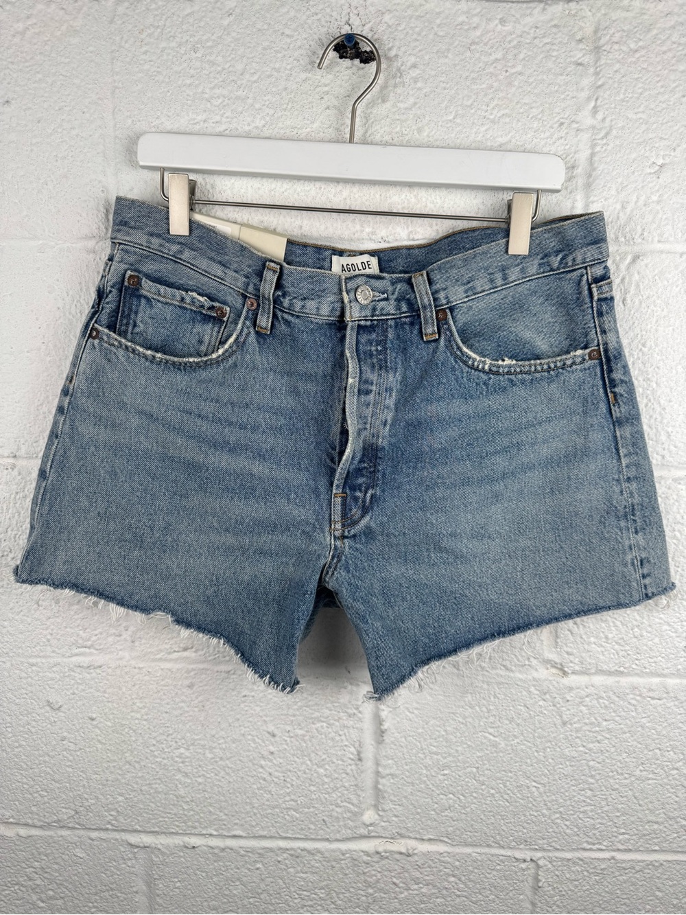 Agolde Light Blue High-Rise Frayed Hem Denim Shorts - Picture 2 of 10